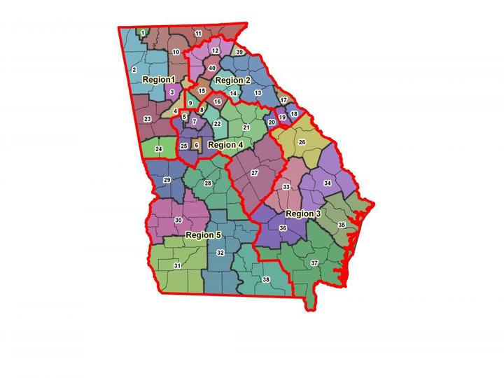 A Georgia map that displays the 5 regions, each region with its own conservation districts.